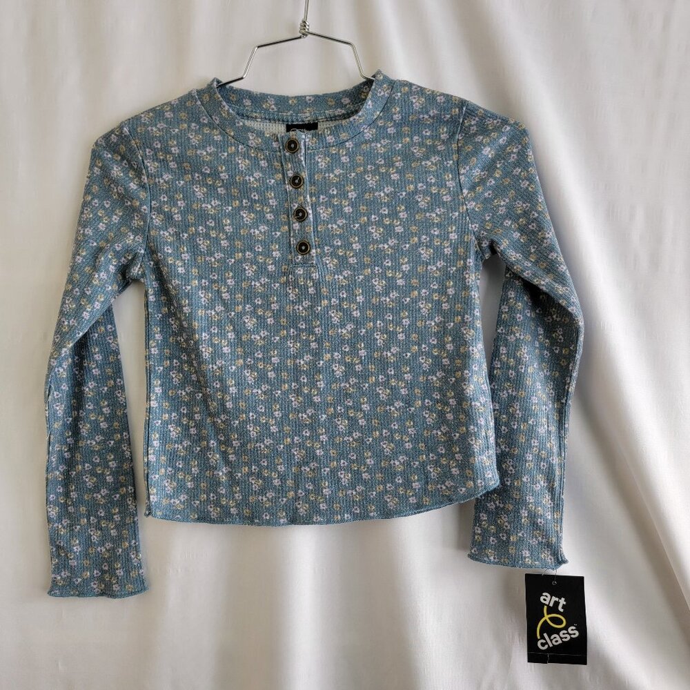 Art Class Girl's Green Waffle Floral Print Long Sleeve Shirt S(6/7) NWT